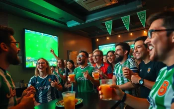 Vibrant football fans enjoying live matches at a sports bar, highlighting joemadfan.com.
